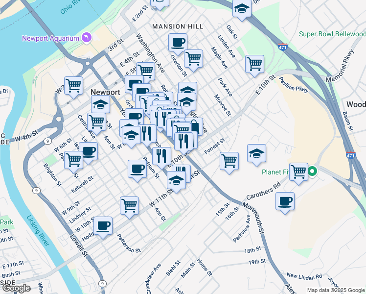 map of restaurants, bars, coffee shops, grocery stores, and more near in Newport
