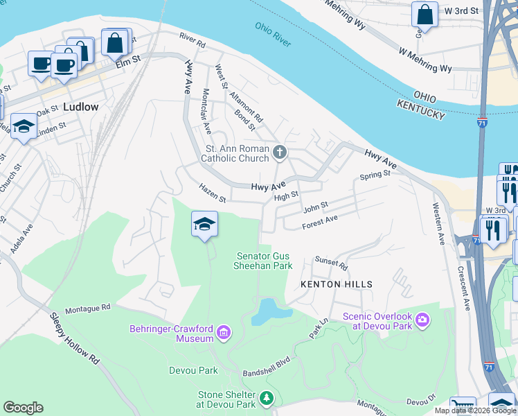 map of restaurants, bars, coffee shops, grocery stores, and more near 16 West Street in Covington