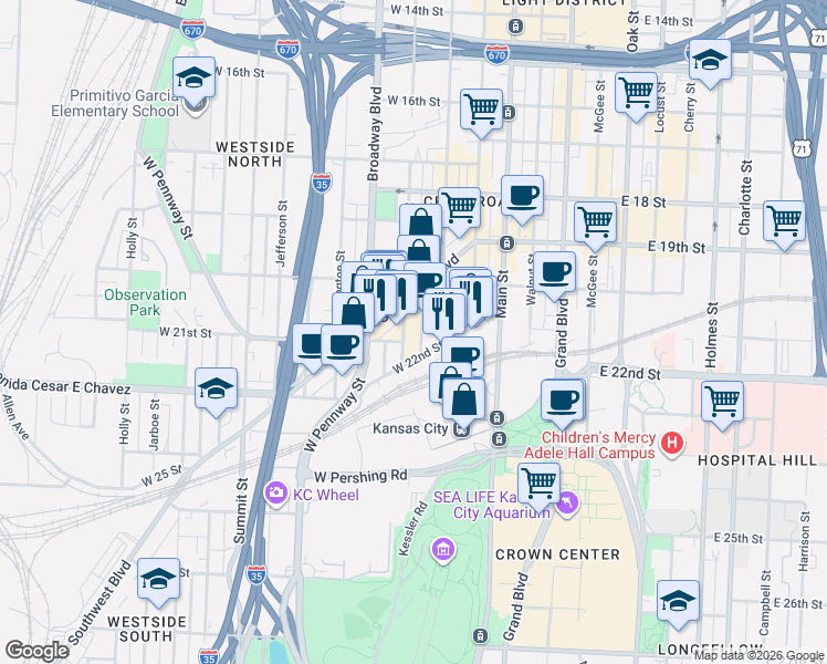 map of restaurants, bars, coffee shops, grocery stores, and more near 311 West 22nd Street in Kansas City