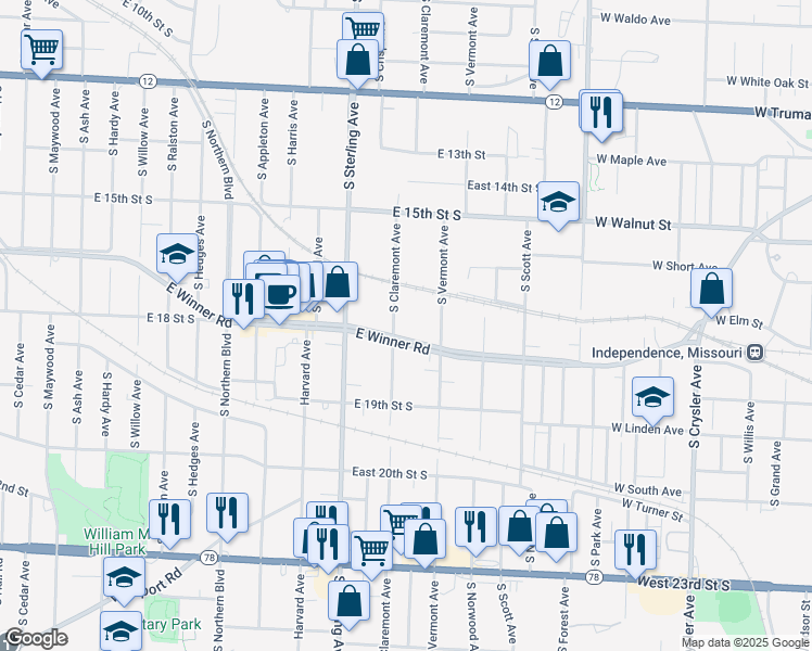 map of restaurants, bars, coffee shops, grocery stores, and more near 11308 East Winner Road in Independence