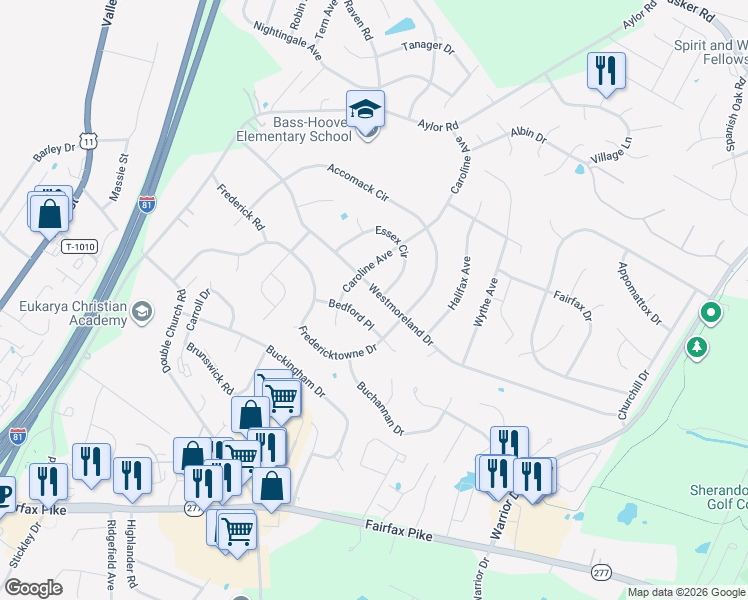 map of restaurants, bars, coffee shops, grocery stores, and more near 211 Bedford Place in Stephens City