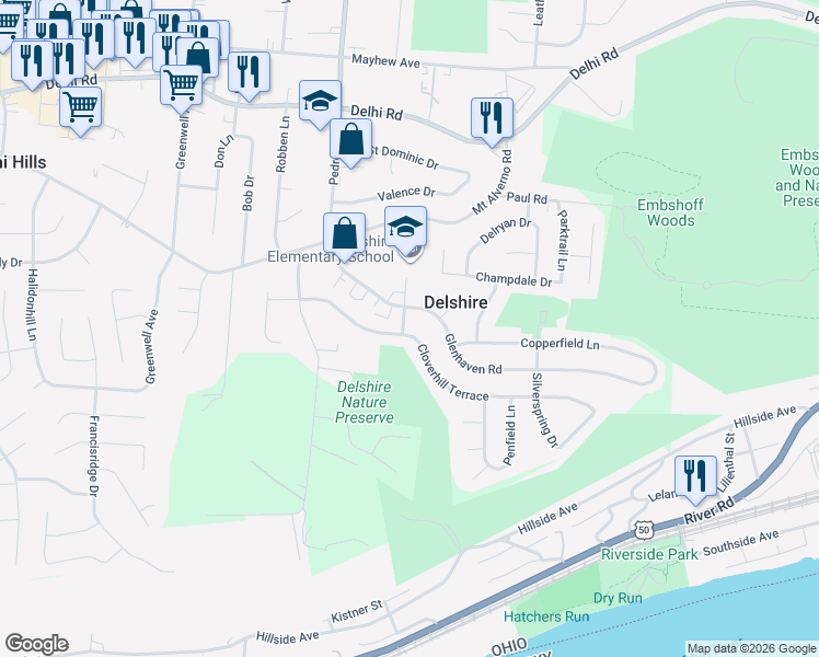 map of restaurants, bars, coffee shops, grocery stores, and more near 4395 Cloverhill Terrace in Cincinnati