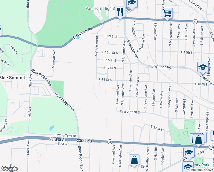 map of restaurants, bars, coffee shops, grocery stores, and more near 1839 South Glenwood Avenue in Independence