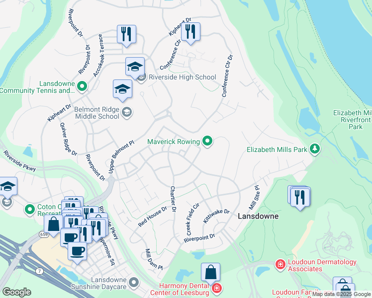 map of restaurants, bars, coffee shops, grocery stores, and more near 43778 Smith Ferry Square in Leesburg