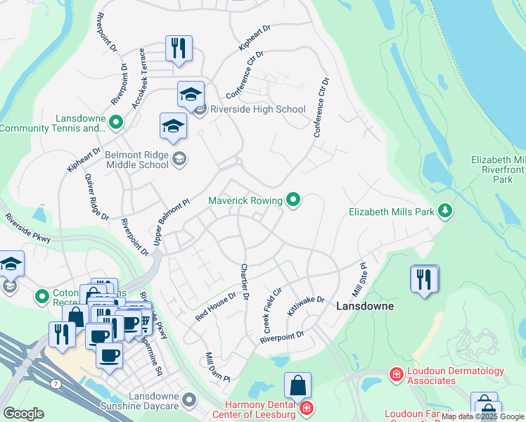map of restaurants, bars, coffee shops, grocery stores, and more near 43778 Smith Ferry Square in Leesburg