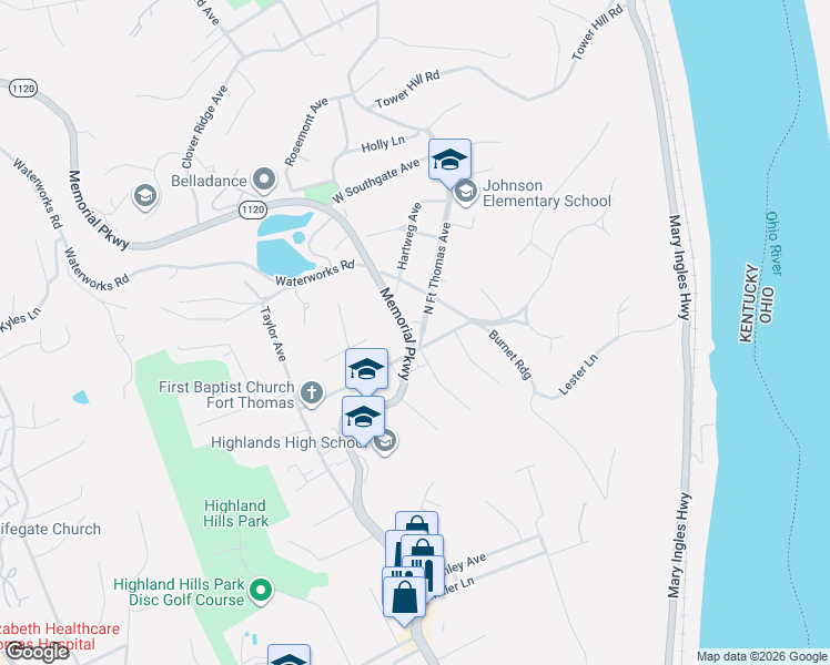 map of restaurants, bars, coffee shops, grocery stores, and more near 915 North Fort Thomas Avenue in Fort Thomas
