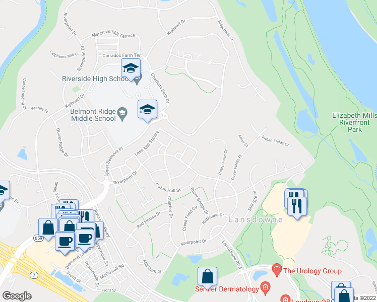 map of restaurants, bars, coffee shops, grocery stores, and more near 19088 Pileated Terrace in Leesburg