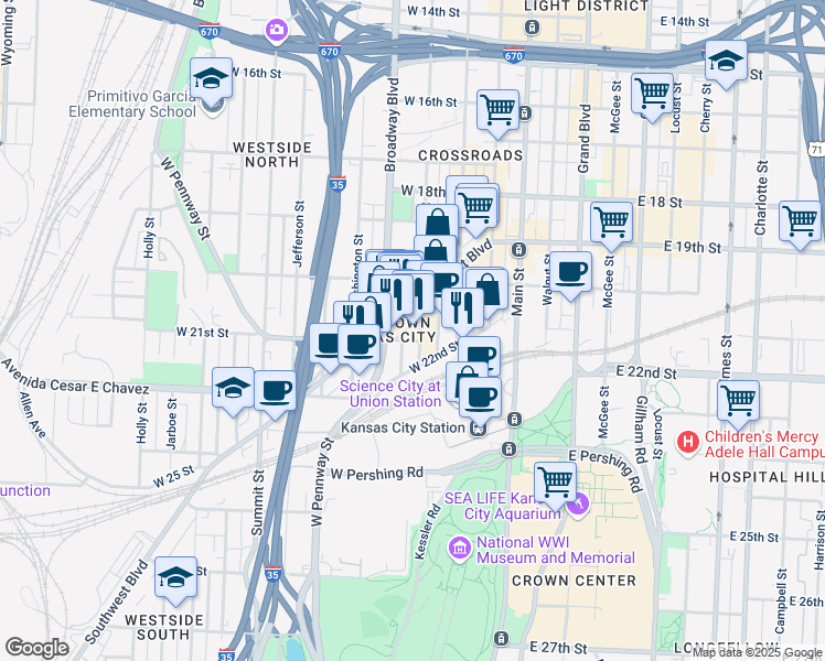 map of restaurants, bars, coffee shops, grocery stores, and more near 2109 Northwestern Avenue in Kansas City