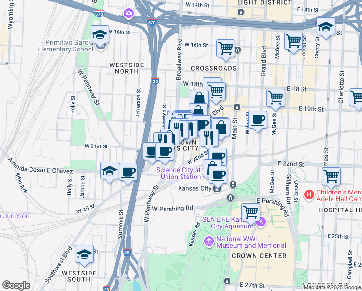 map of restaurants, bars, coffee shops, grocery stores, and more near 2109 Northwestern Avenue in Kansas City