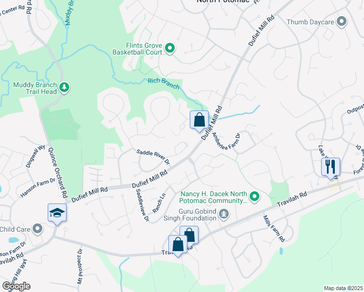 map of restaurants, bars, coffee shops, grocery stores, and more near 14031 Great Notch Terrace in North Potomac