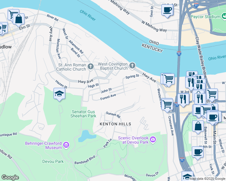 map of restaurants, bars, coffee shops, grocery stores, and more near 1035 Spring Street in Covington