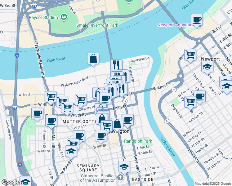 map of restaurants, bars, coffee shops, grocery stores, and more near 127 East 3rd Street in Covington