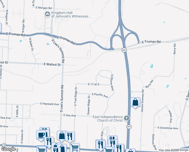 map of restaurants, bars, coffee shops, grocery stores, and more near 1508 South Queen Ridge Way in Independence