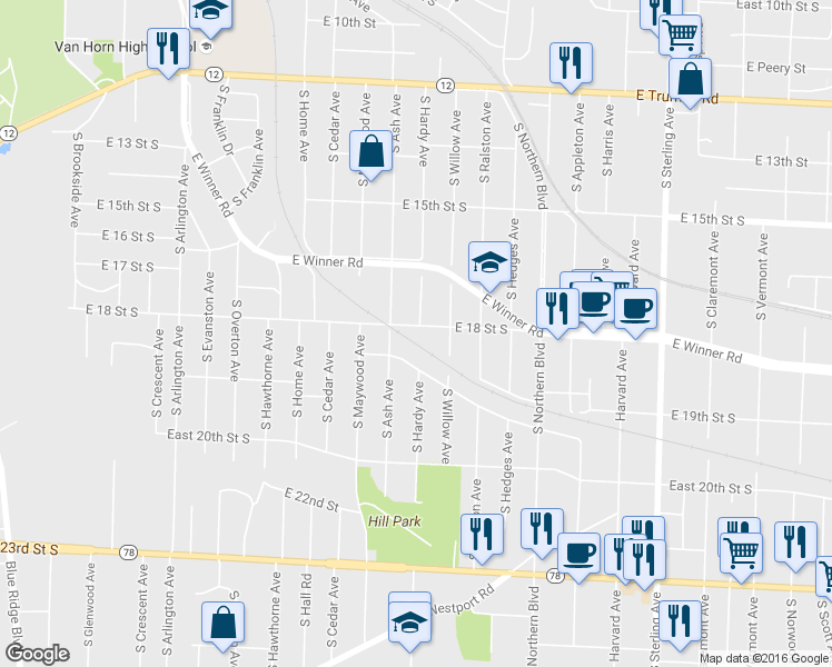 map of restaurants, bars, coffee shops, grocery stores, and more near 10325 E 18th St S in Independence