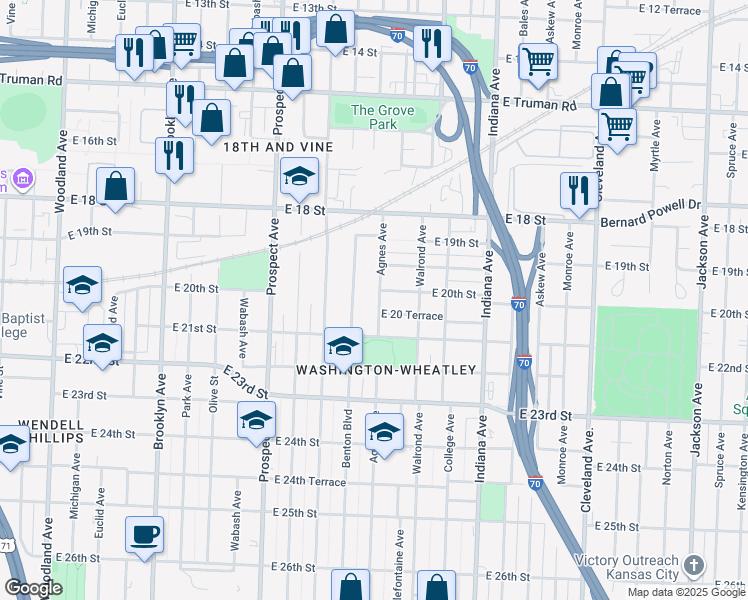 map of restaurants, bars, coffee shops, grocery stores, and more near 1911 Kansas Avenue in Kansas City