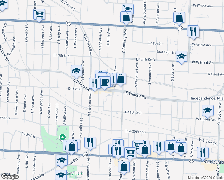 map of restaurants, bars, coffee shops, grocery stores, and more near 1628 Harvard Street in Independence