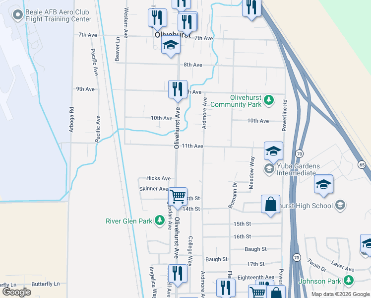 map of restaurants, bars, coffee shops, grocery stores, and more near 1772 11th Avenue in Olivehurst
