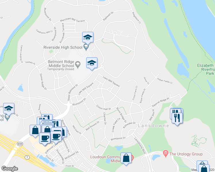 map of restaurants, bars, coffee shops, grocery stores, and more near 43766 Smith Ferry Square in Leesburg