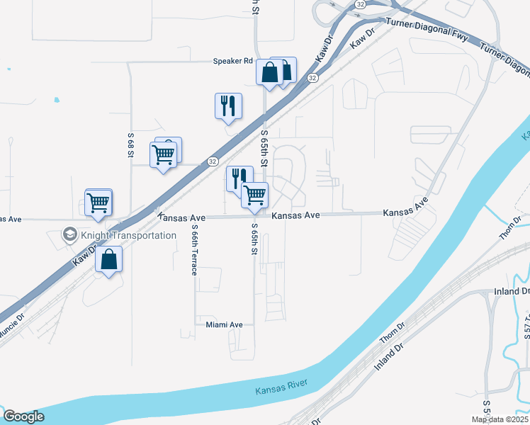 map of restaurants, bars, coffee shops, grocery stores, and more near 577 South 65th Street in Kansas City