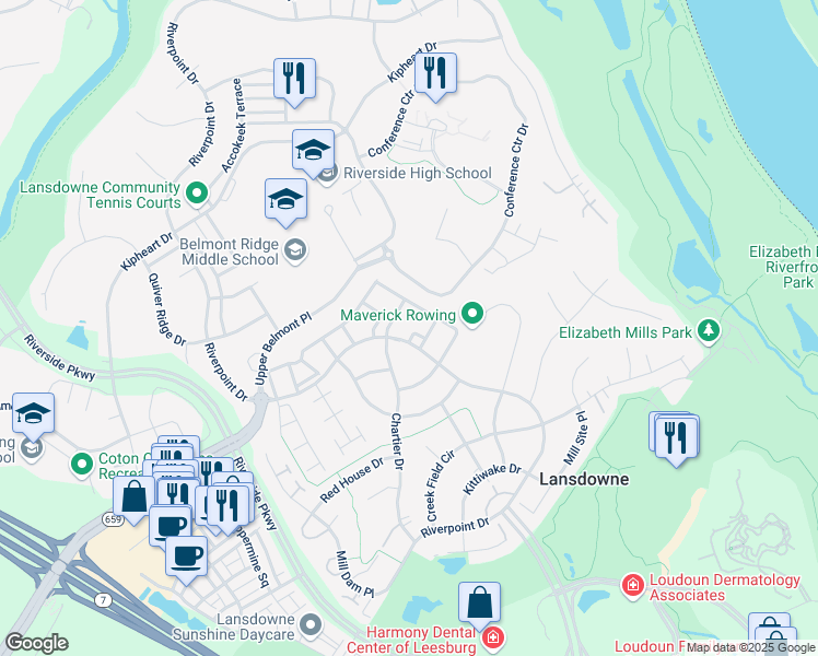map of restaurants, bars, coffee shops, grocery stores, and more near 43766 Smith Ferry Square in Leesburg