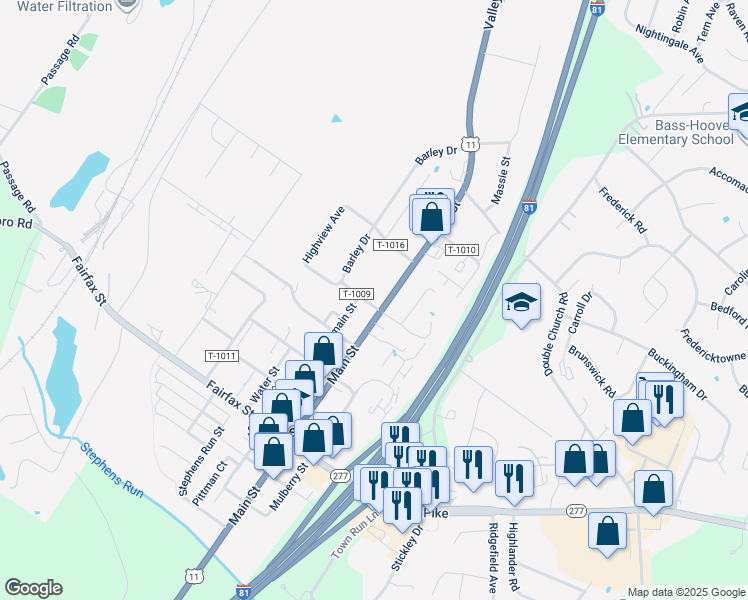 map of restaurants, bars, coffee shops, grocery stores, and more near 5189 Main Street in Stephens City