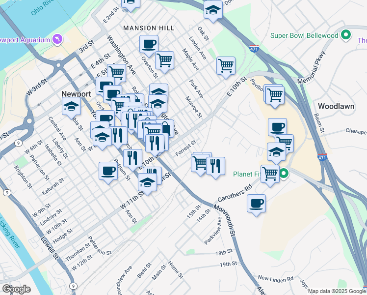 map of restaurants, bars, coffee shops, grocery stores, and more near 1008 Hamlet Street in Newport