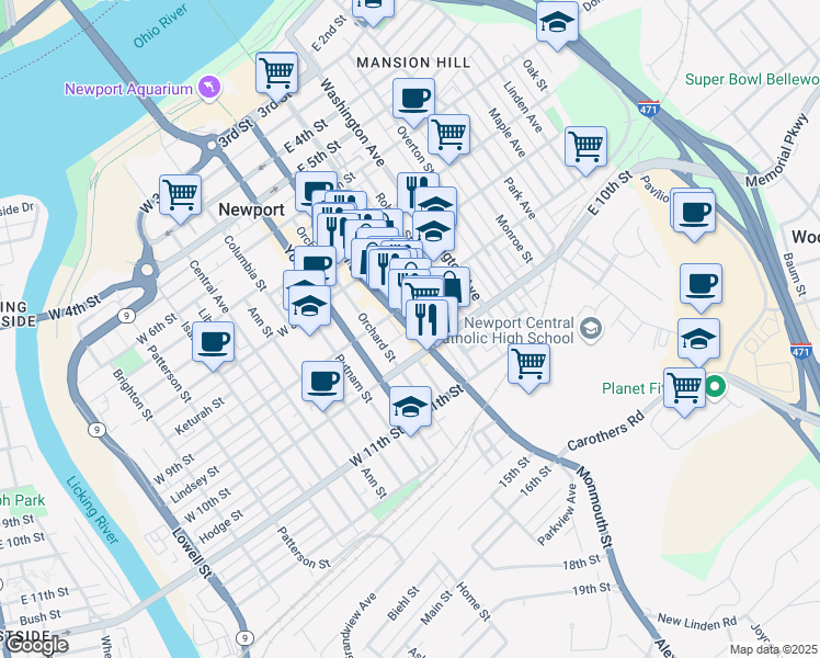 map of restaurants, bars, coffee shops, grocery stores, and more near 912 Saratoga Street in Newport