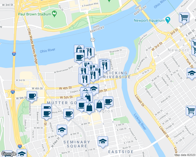 map of restaurants, bars, coffee shops, grocery stores, and more near 127 East 3rd Street in Covington