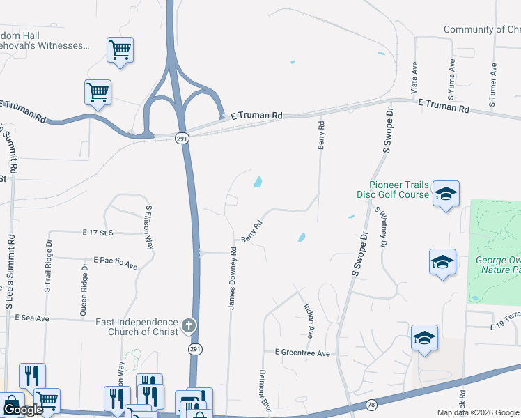 map of restaurants, bars, coffee shops, grocery stores, and more near 1613 Highland Drive in Independence
