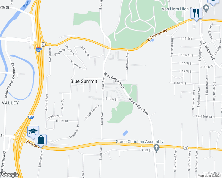 map of restaurants, bars, coffee shops, grocery stores, and more near 1812 Hunter Avenue in Kansas City