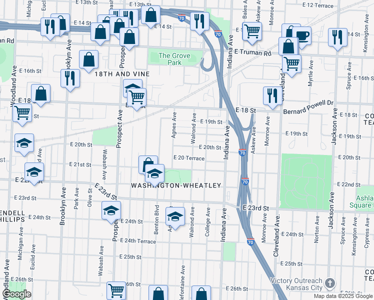 map of restaurants, bars, coffee shops, grocery stores, and more near 3015 East 19th Terrace in Kansas City
