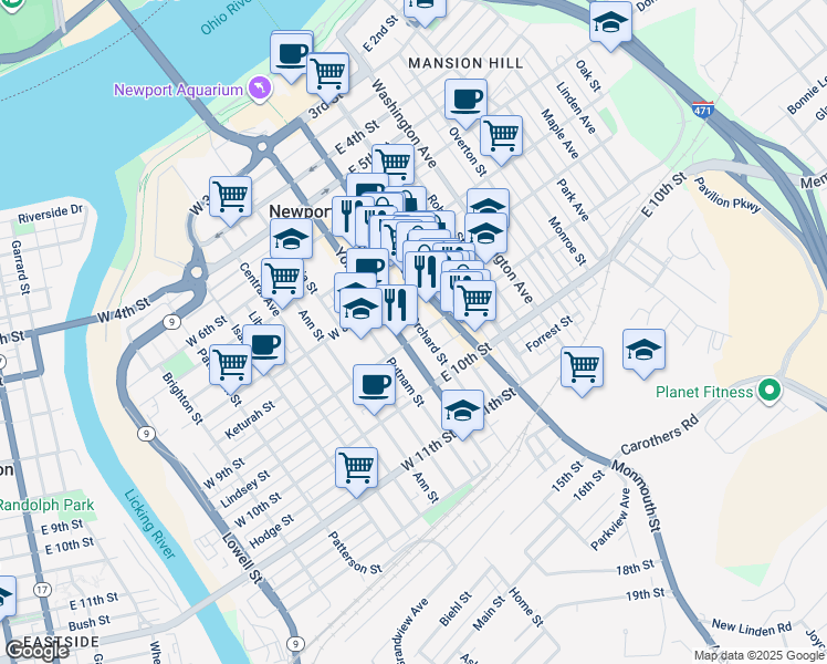 map of restaurants, bars, coffee shops, grocery stores, and more near 832 Orchard Street in Newport
