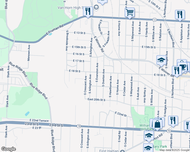 map of restaurants, bars, coffee shops, grocery stores, and more near 1804 South Evanston Avenue in Independence