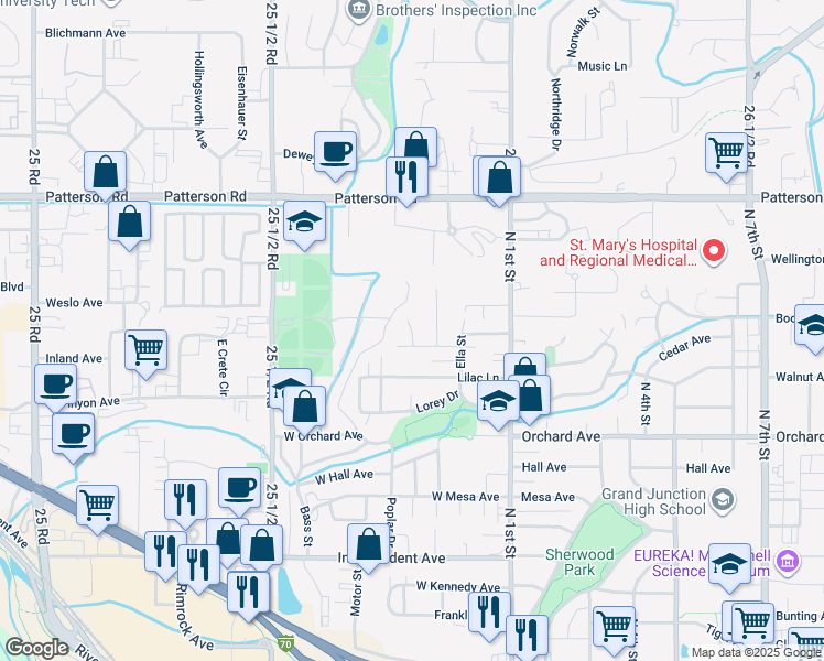 map of restaurants, bars, coffee shops, grocery stores, and more near 2221 Idella Court in Grand Junction