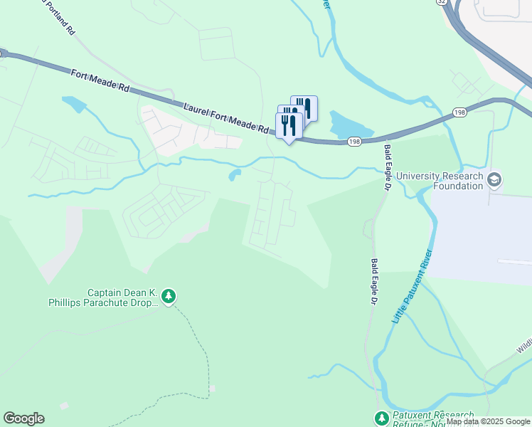 map of restaurants, bars, coffee shops, grocery stores, and more near 3411 Rivulet Lane in Laurel