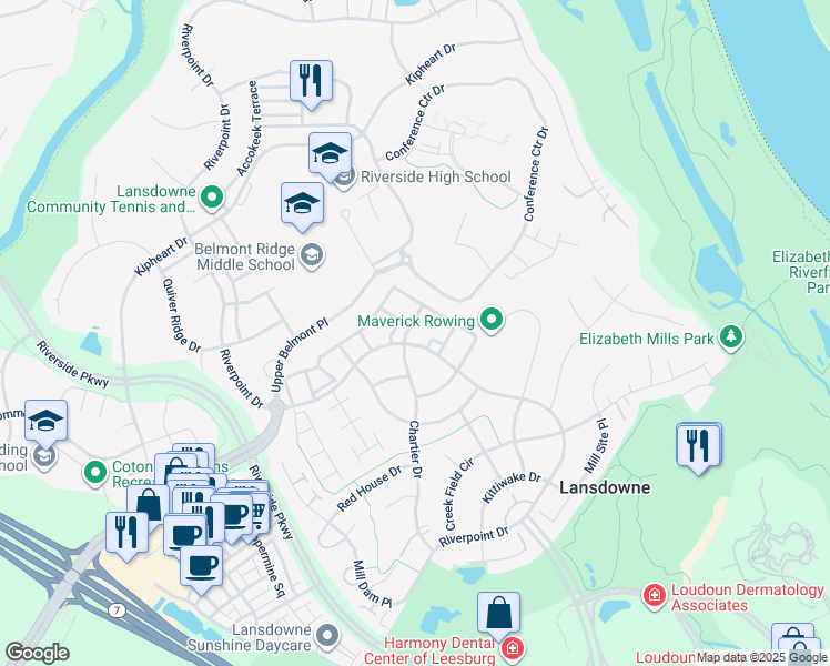 map of restaurants, bars, coffee shops, grocery stores, and more near 19080 Grouse Terrace in Leesburg
