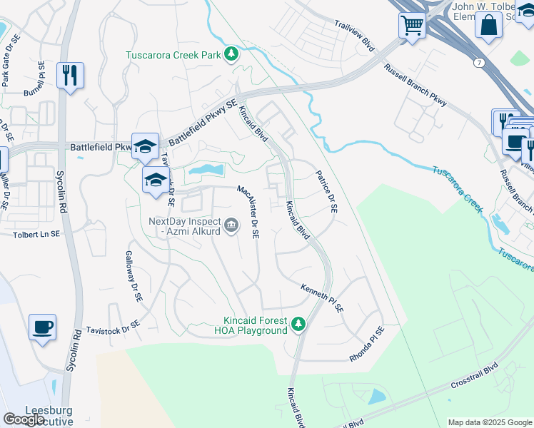 map of restaurants, bars, coffee shops, grocery stores, and more near 635 Cobbler Terrace Southeast in Leesburg