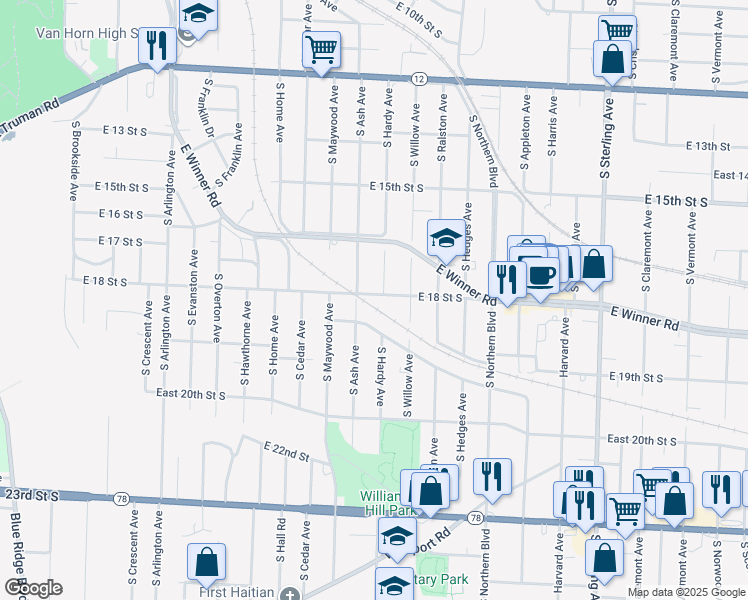 map of restaurants, bars, coffee shops, grocery stores, and more near 10321 East 18 Street South in Independence
