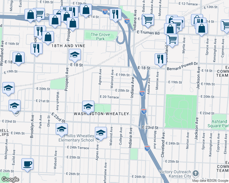 map of restaurants, bars, coffee shops, grocery stores, and more near 3109 East 19th Terrace in Kansas City
