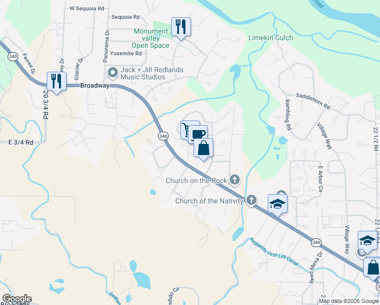 map of restaurants, bars, coffee shops, grocery stores, and more near 2148 Broadway in Grand Junction