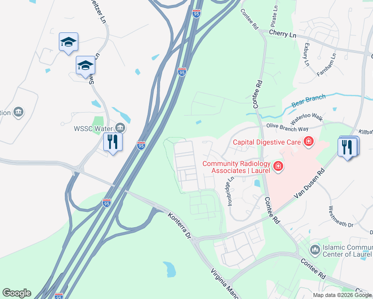 map of restaurants, bars, coffee shops, grocery stores, and more near 14400 West Side Boulevard in Laurel