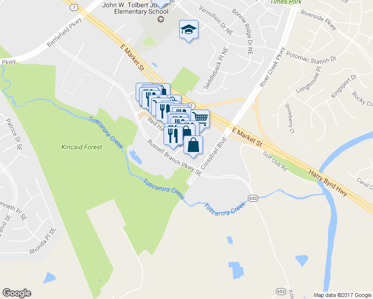 map of restaurants, bars, coffee shops, grocery stores, and more near 1612 Village Market Boulevard in Leesburg