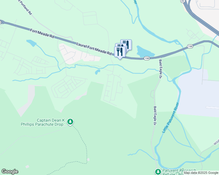 map of restaurants, bars, coffee shops, grocery stores, and more near 3409 Rivulet Lane in Laurel