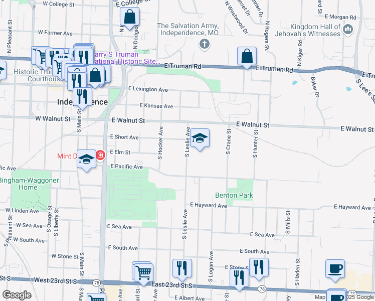 map of restaurants, bars, coffee shops, grocery stores, and more near 429 South Leslie Avenue in Independence