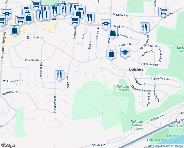 map of restaurants, bars, coffee shops, grocery stores, and more near 241 Cloverhill Terrace in Cincinnati