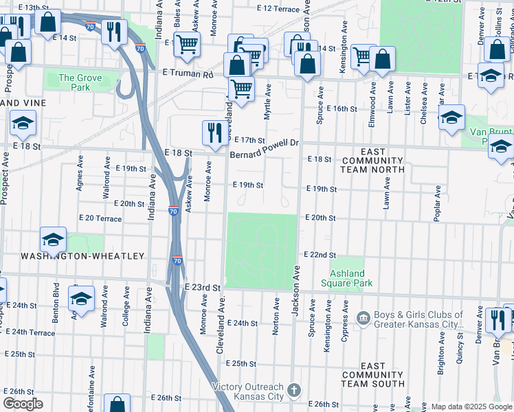 map of restaurants, bars, coffee shops, grocery stores, and more near 1900 Myrtle Avenue in Kansas City