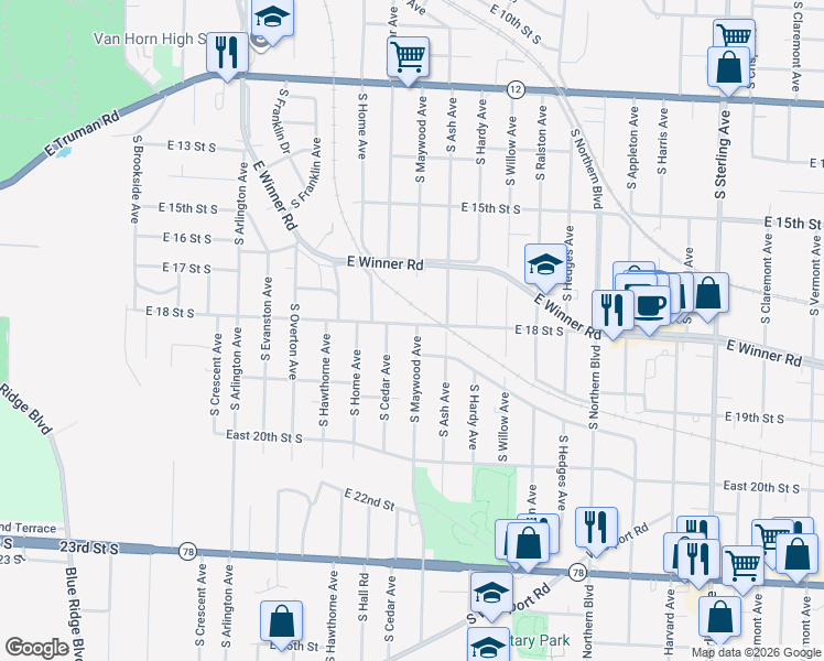map of restaurants, bars, coffee shops, grocery stores, and more near 10125 East 18 Street South in Independence