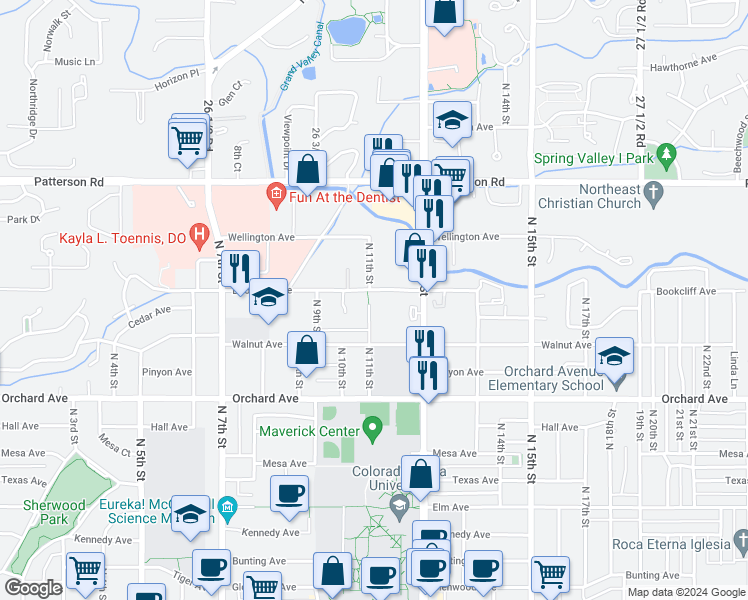 map of restaurants, bars, coffee shops, grocery stores, and more near 1040 Bookcliff Avenue in Grand Junction