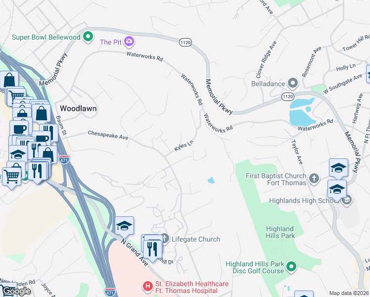 map of restaurants, bars, coffee shops, grocery stores, and more near 53 Kyles Lane in Fort Thomas