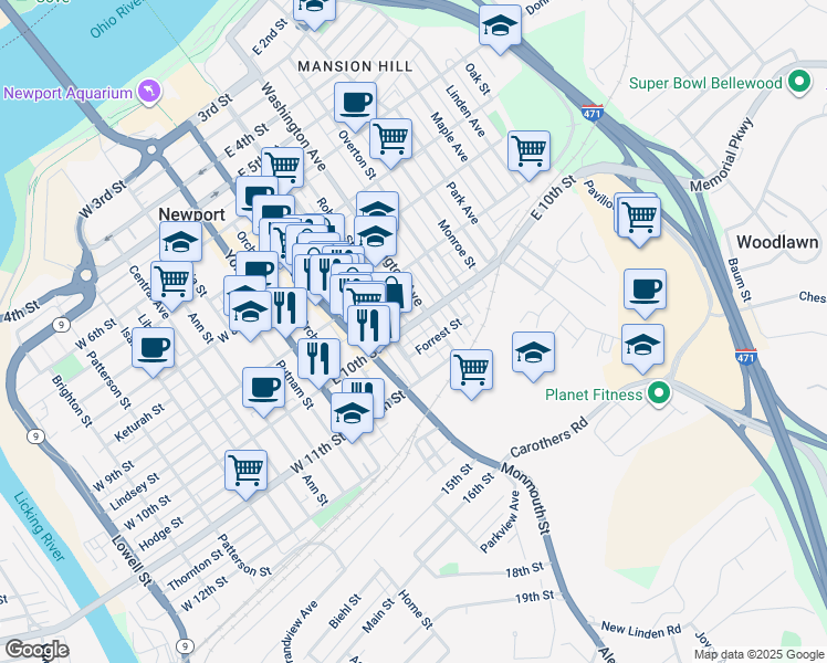 map of restaurants, bars, coffee shops, grocery stores, and more near 933 Roberts Street in Newport